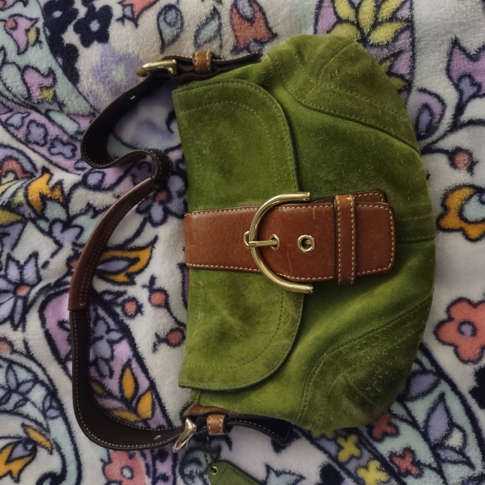 Authentic Vintage Coach Soho Shoulder Bag In Green and Brown Suede